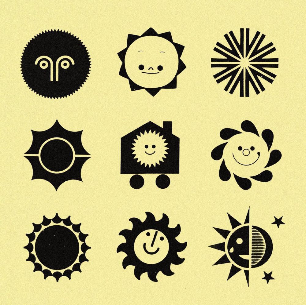 9 graphic variations of the sun in black on a pale yellow background. 6 of them have a smiling face. 