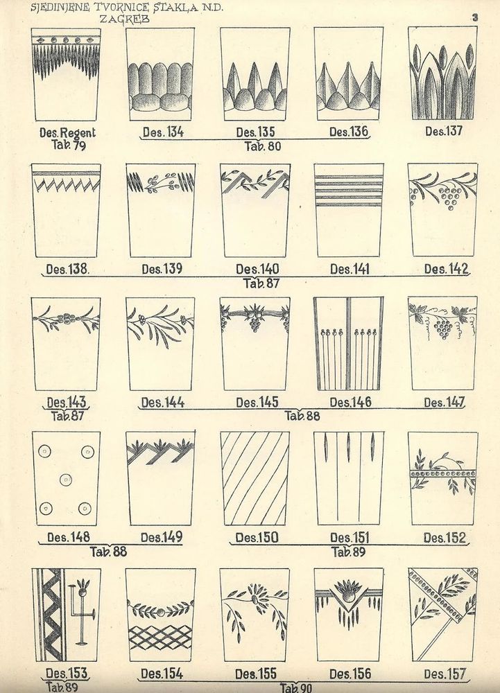 Black and white line drawings of glass tumblrs each with designs etched into them 