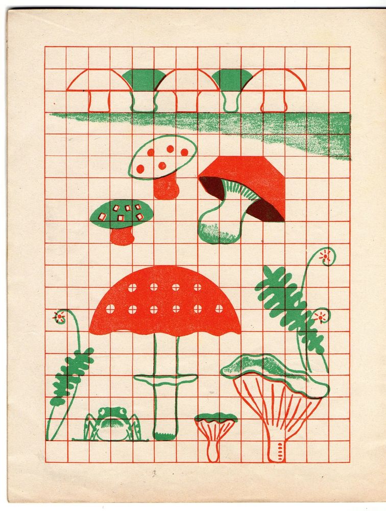 simple vector drawings of mushrooms and fungi which adhere to a squared grid. In green and red
