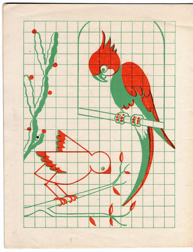 A parrot on a swing, a bird on a branch. Drawn in green and red atop a green grid