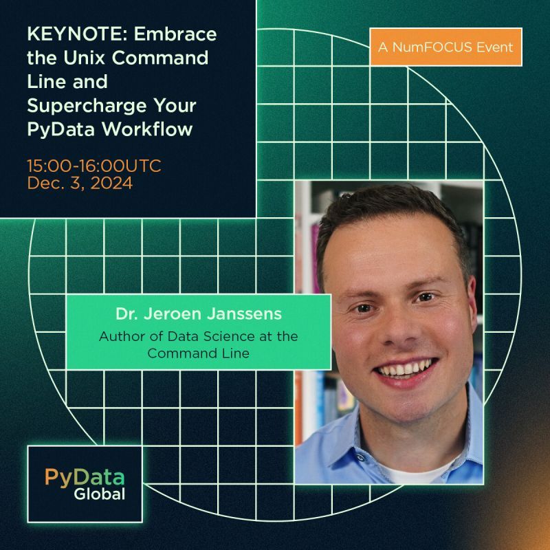 Promotional graphic for PyData Global 2024 which features keynote speaker Dr. Jeroen Janssens.