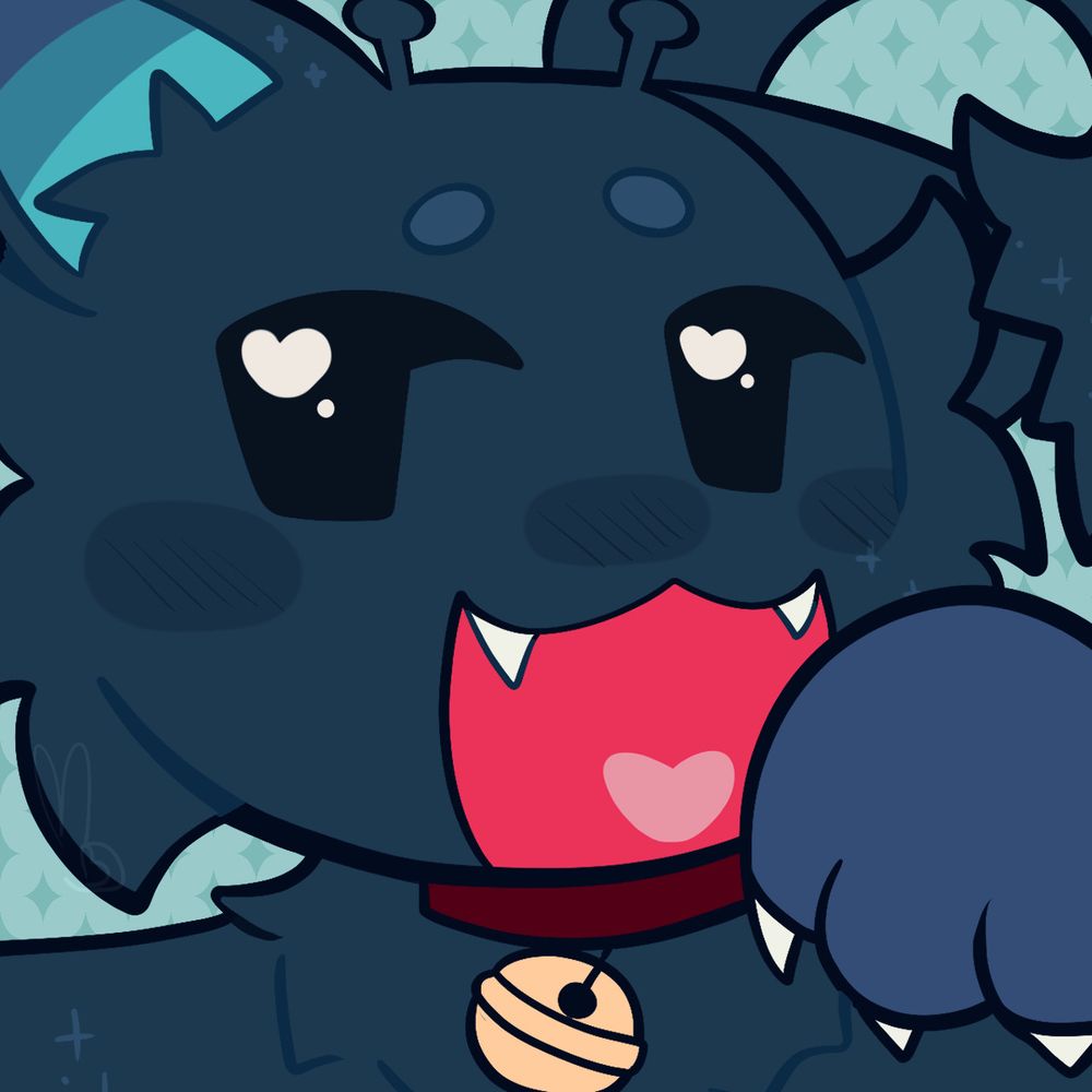 An icon art of a blue furry alien cat, this cat has a pink mouth with a heart shaped tongue, little fangs, little claws out, a red collar with a gold bell, and the color of inside this cat's ears has 3 stripes with 3 different shapes of muted blue going from cyan to more dark blue as it goes up