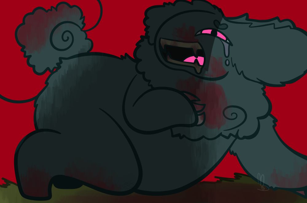 A anthro blue rabbit is on the floor, his eyes bright pink and his teeth like ones of a werewolf, he's crying and smiling while a shadow towers over him, the background is completey red and he's on the grass floor.