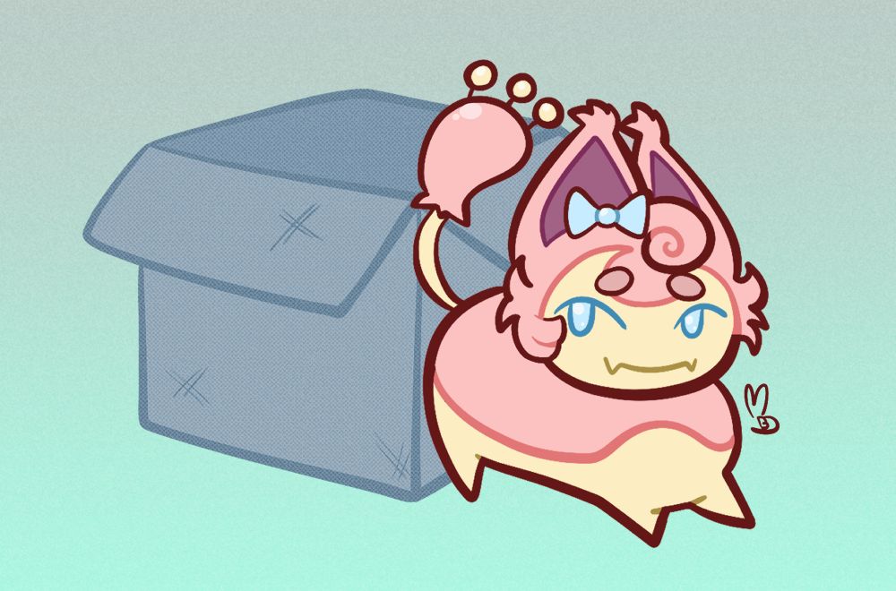 A genderqueer pokémon cat (Skitty), with a pink and cream color palette, a pink hair culr, a blue bow, blue eyes and extra fluff on their head, In the background there's a gray-ish textured blue box kind of scrappy. The color of the background is gray fading to aqua blue.