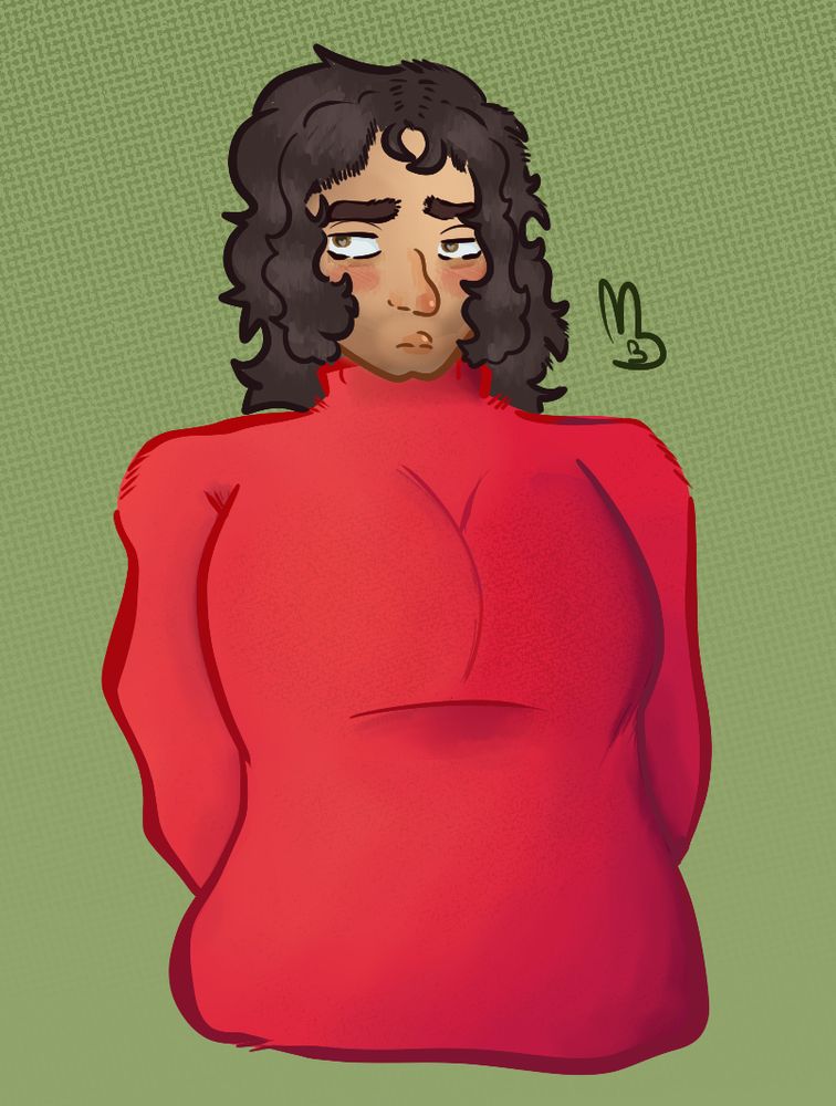 Um homem com grandes peitos, cabelo castanho, olhos ambar e uma barba feita com uma expressão meio timida, ele está usando um casaco vermelho de gola alta bem apertadinho