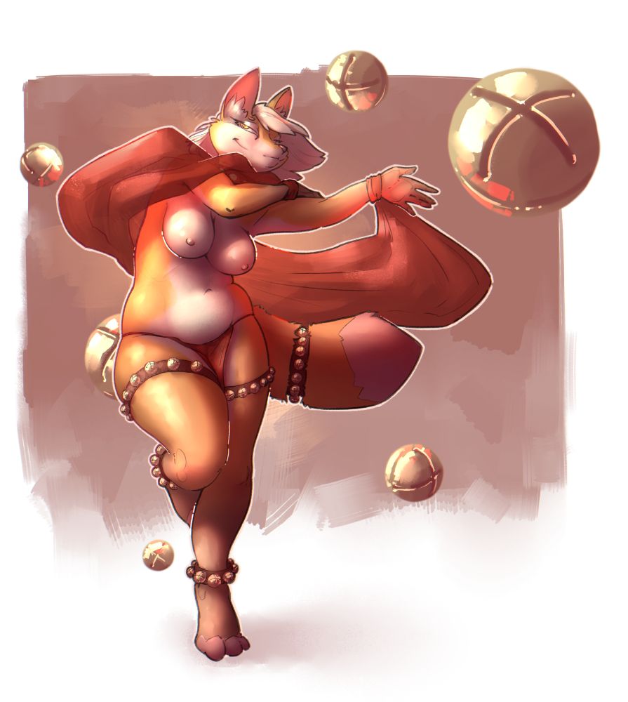 A curvy anthro vulpine lady is dancing, adorned with light cloth only covering her shoulders, a loincloth of a matching color, and a number of belts with jingle bells