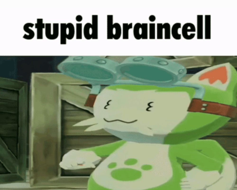 a picture of a green and white cat with the words stupid braincell on the bottom