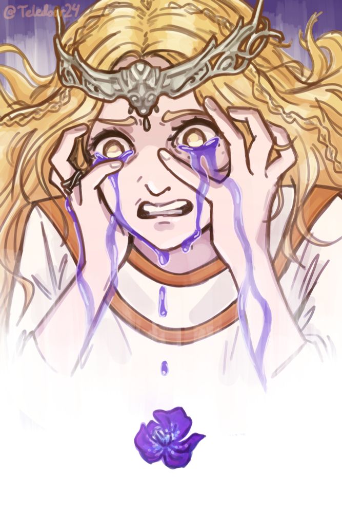 An illustration of Miquella from Elden Ring, crying in anguish and holding his face in his hands. His tears are purple, falling into a white void where it transforms into a St. Trina flower.