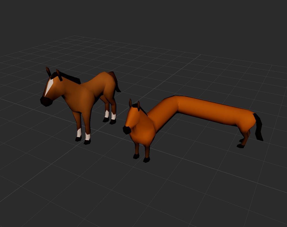 two low-poly gradient-textured horses, the one on the left is fairly anatomically accurate, while the one on the right is.... elongated somewhat (a lot).