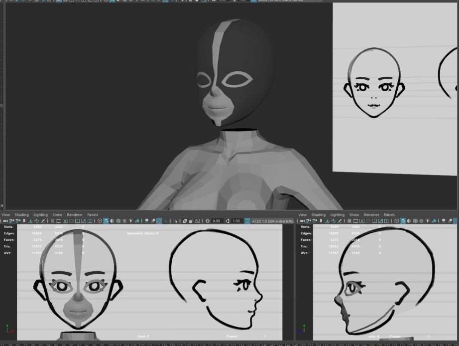 a work in progress of of the head and face for my anatomy study/body base, the unfinished topology looks kinda like a luchador mask