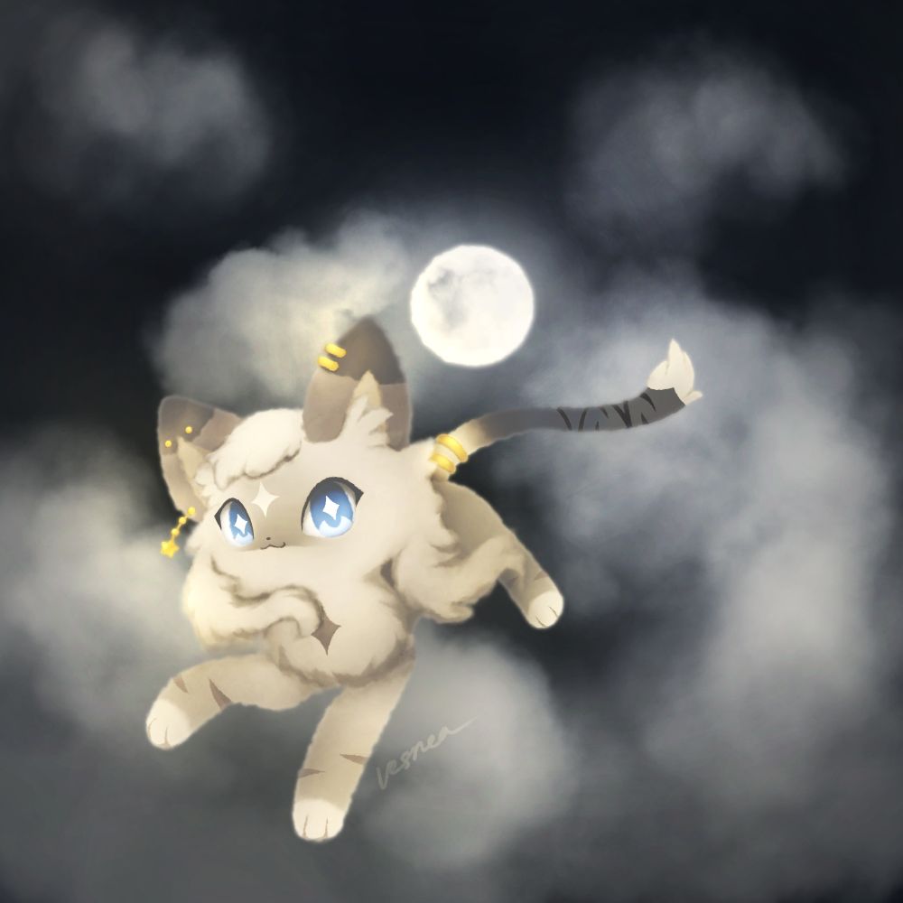 A digital drawing of Ailia's OC Nastasia drawn by Seavalanche. Nastasia is an angelic cat who guide the ascended souls on every full moon night, escort them to the Sky and wait for another reincarnation. Nastasia is seen flying in the sky with a full moon in the background.

https://artfight.net/attack/11952984.ailias-nastasia
