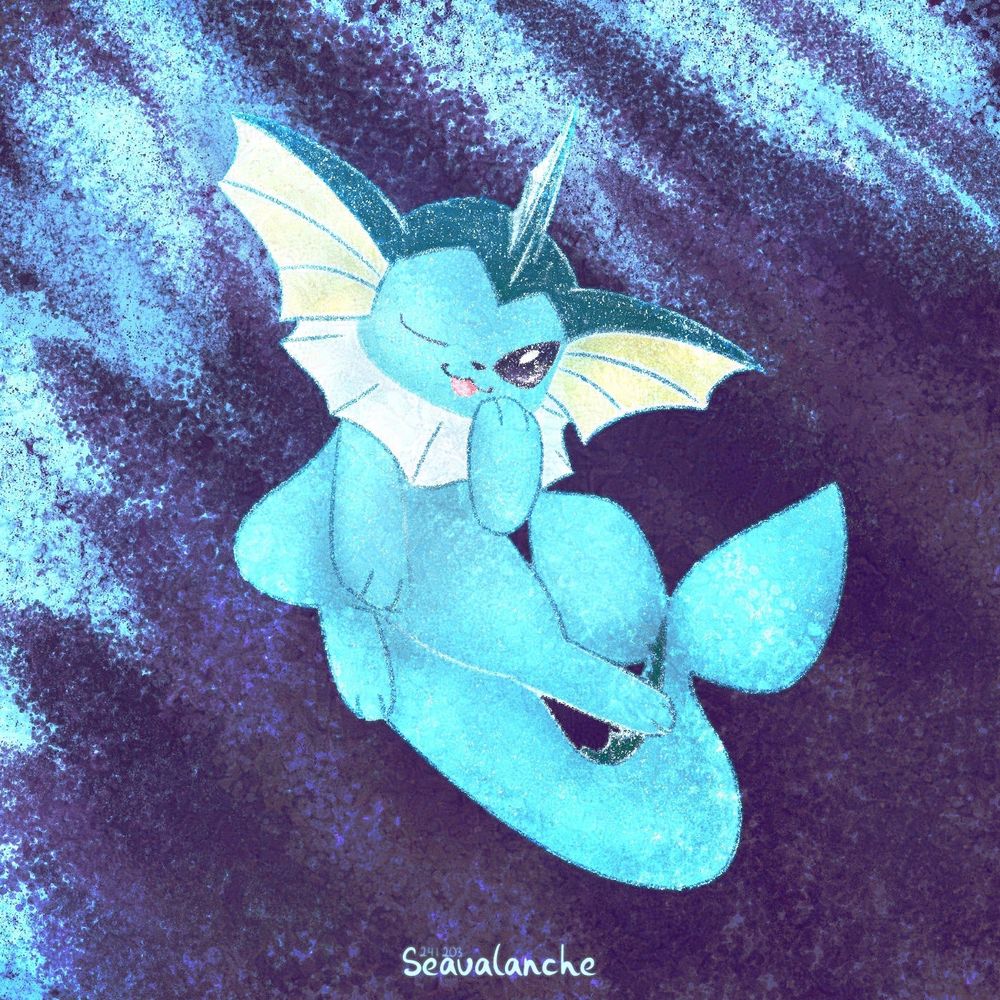 A digital drawing of a Pokemon Vaporeon in a water doing a cute pose with slightly opened mouth and the left paw pointing towards the face. Drawn by Seavalanche.