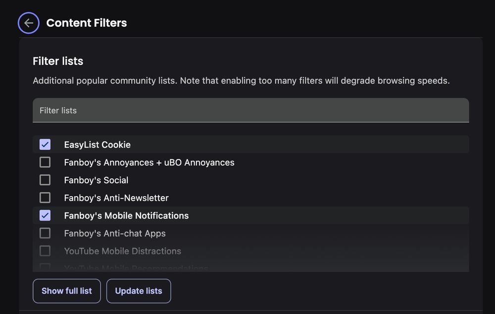 Default brave://settings/shields/filters
EasyList Cookie and Fanboy's Mobile Notifications enabled