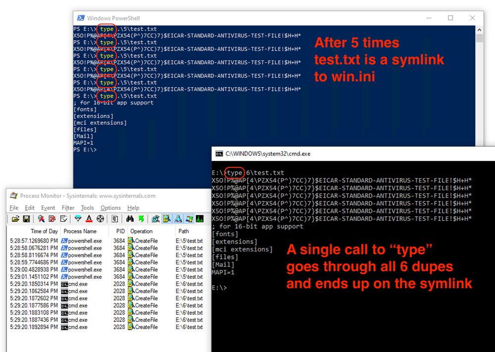 Powershell: after 5 "type .\5\test.txt" calls, the test.txt file is a symlink to win.ini
CMD: A single "type .\6\test.txt" call results in every single file being printed, including the final win.ini symlink