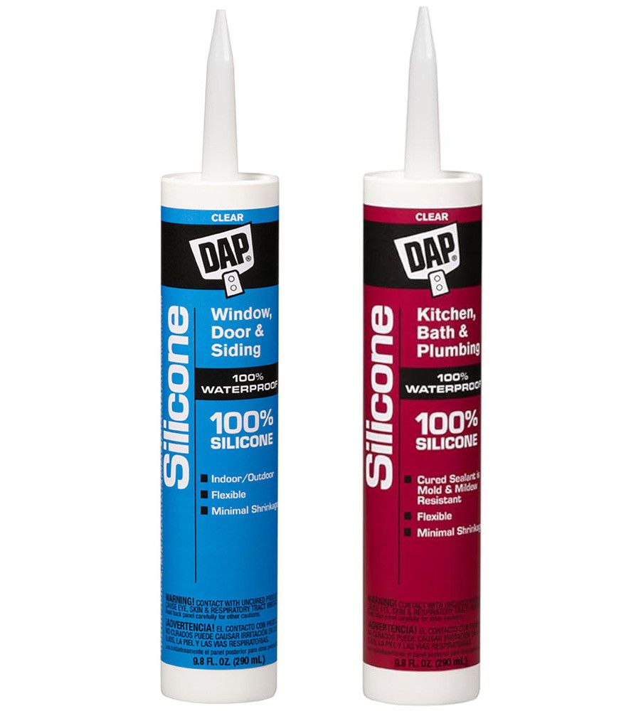 Two tubes of DAP clear 100% silicone caulk tubes.
One of them: Window, Door, & Siding. Indoor/Outdoor, Flexible, Minimal Shrinkage.
The other: Kitchen, Bath & Plumbing. Cured Sealant is Mold & Mildew Resistant, Flexible, Minimal Shrinkage.