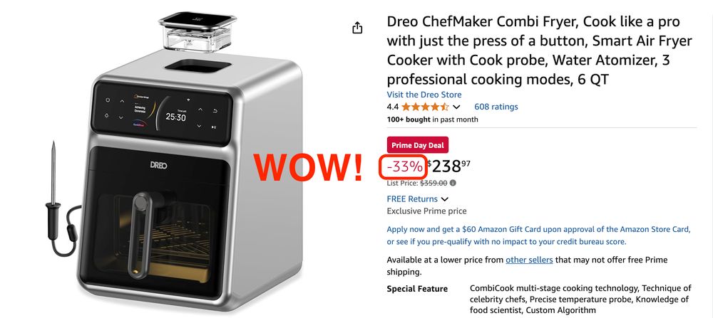 Amazon listing for air fryer.
Prime Day Deal: save 33%