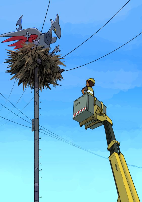 Drawing of a skarmory who has built a huge nest on top of and electric pole and also has babies there. There’s a city worker in a hard hat on a crane trying to reason with the skarmory. Neither party is pleased.