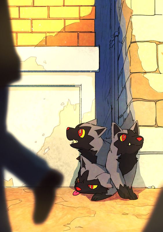 drawing of 3 poochyena poking their heads out of an alleyway