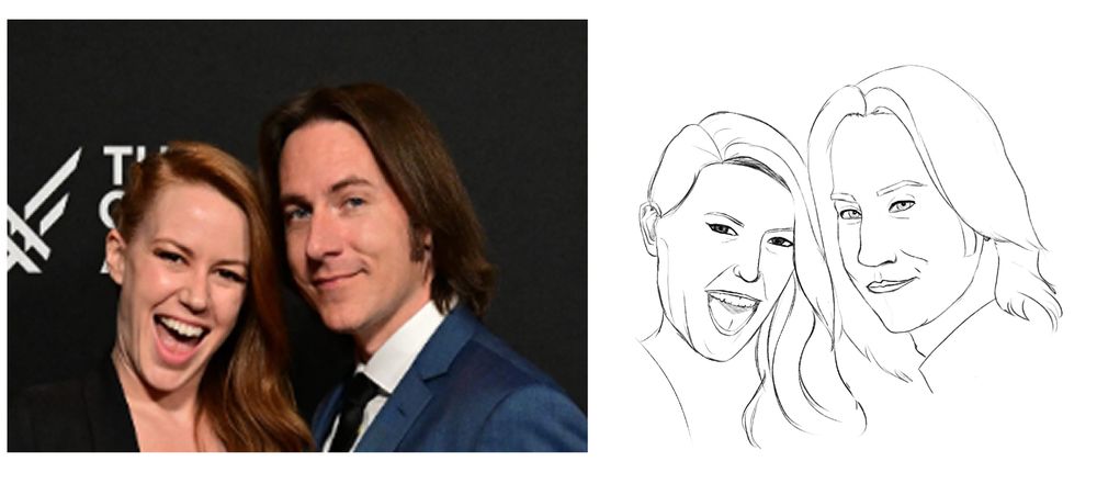 Right: Study of Marisha Ray and Matthew Mercer smiling into the camera before corrrection. The angles and wideness are off.

Left: Photo of Marisha Ray and Matthew Mercer used as a reference. 
