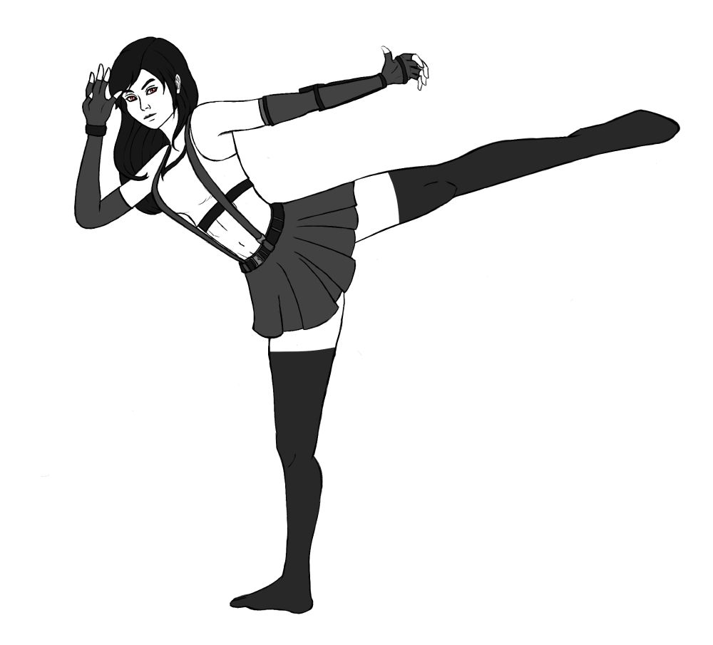 Fanart of Tifa from FFVII kicking a side kick with stockings on.