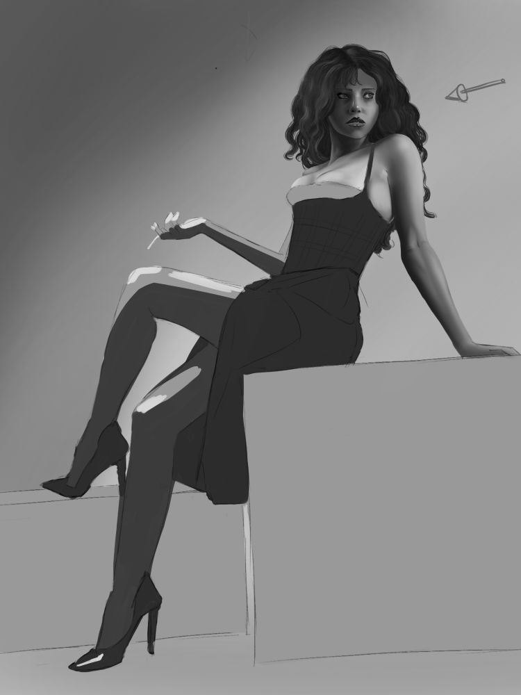 A women sitting on a block holding a cigarette. Work in progress, face hair and one arm are detailed the rest is just blocked colors. 