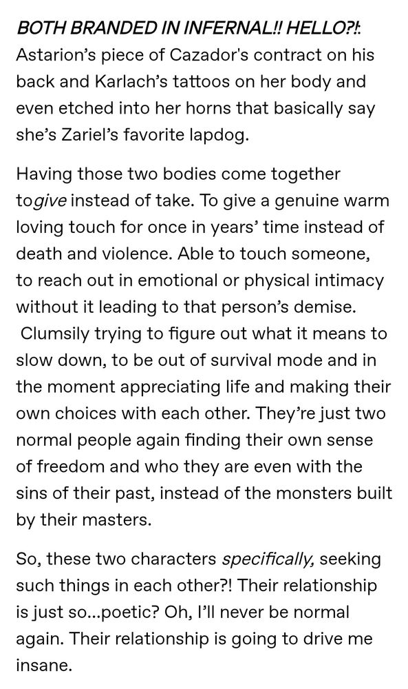 A screenshot of my rant on tumblr about Karlach and Astarion's connection with touch and reclaiming their ability to choose a life for themselves.