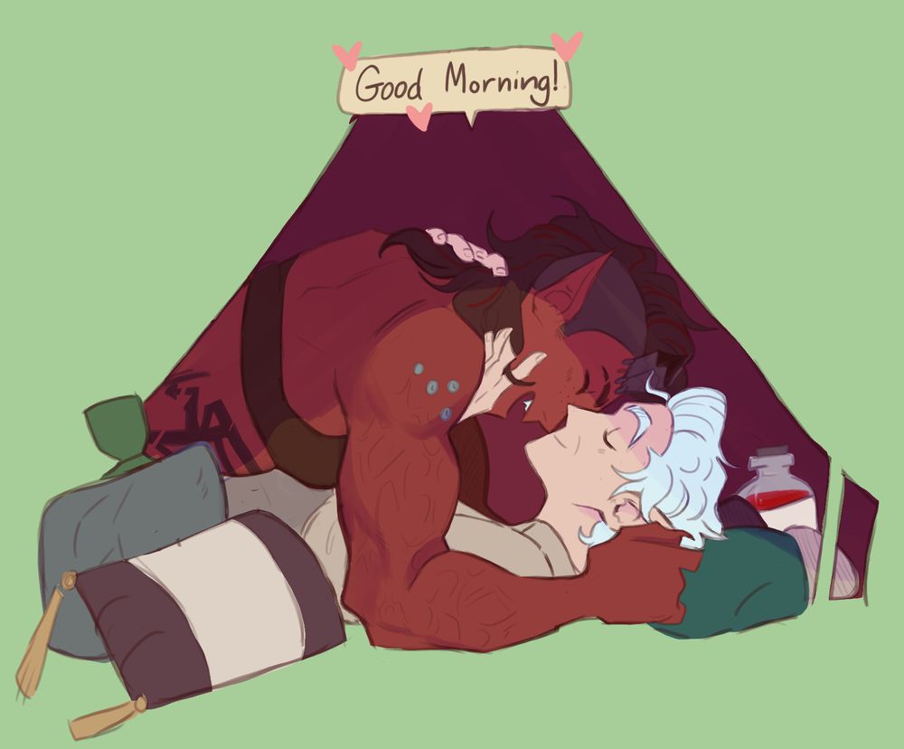 Karlach happily says good morning to Astarion in his tent, cuddling as he kisses her nose. 