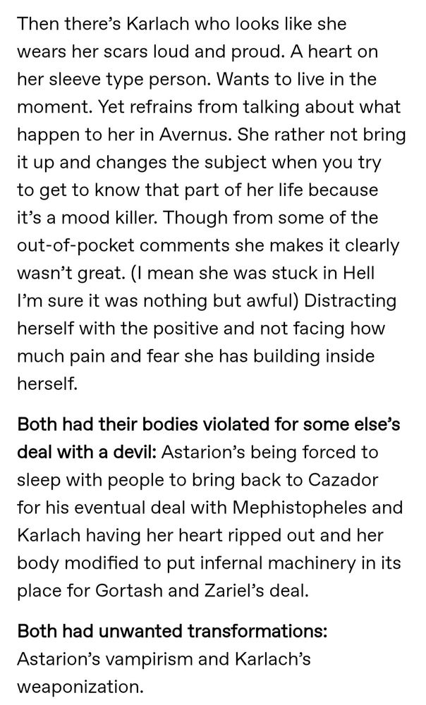 A screenshot of my rant on tumblr going into how Karlach and Astarion have had their bodies modified and weaponized.