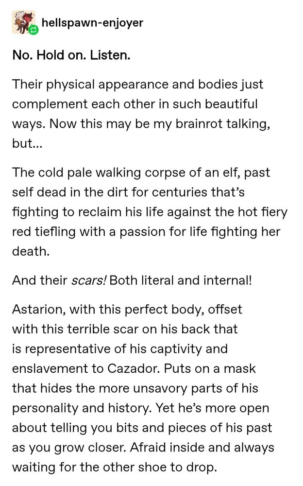 A screenshot of my rant on tumblr going  into parallels between Karlach and Astarion.