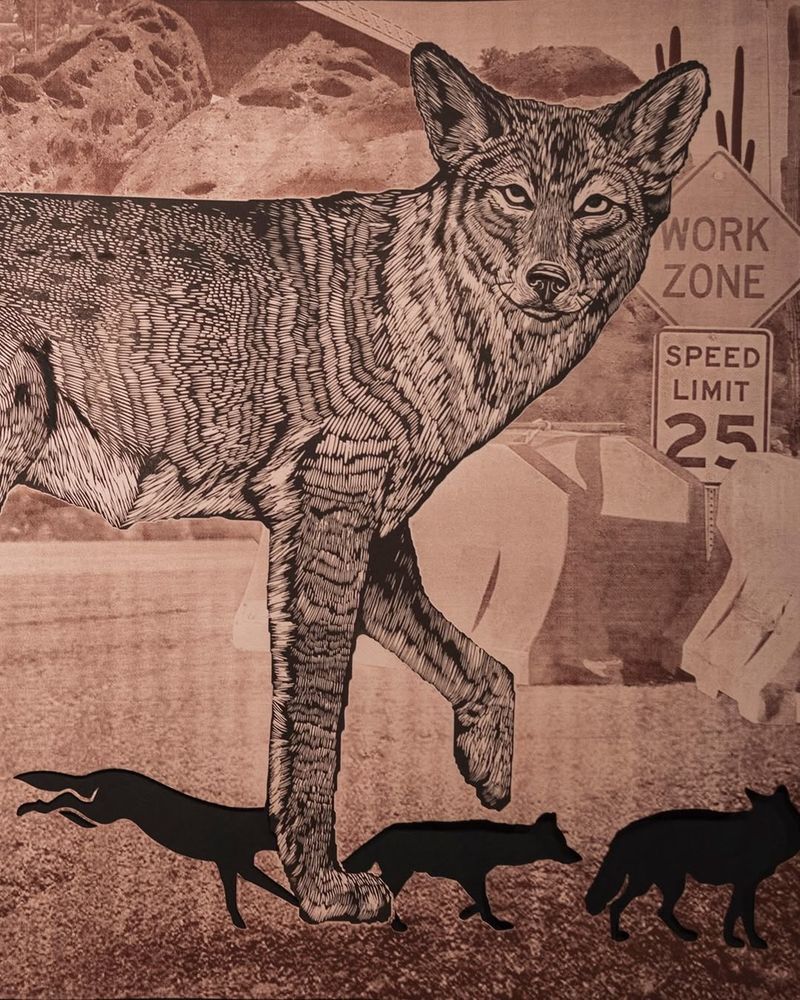 Print of Coyote crossing the road 