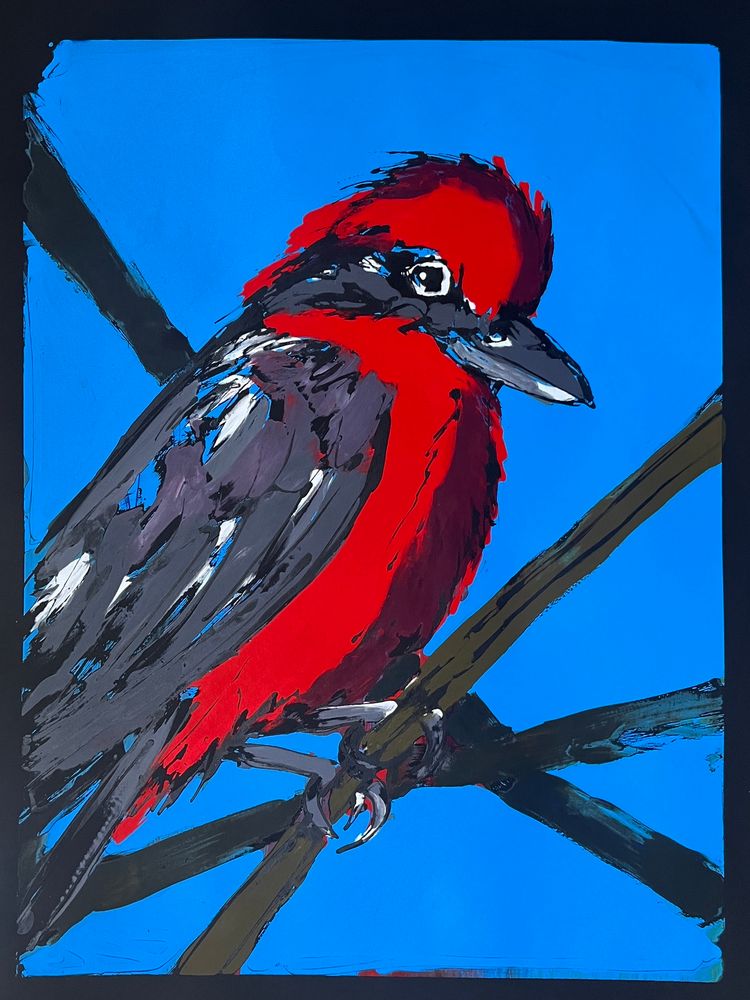 Monotype print of a red bird on a blue background 