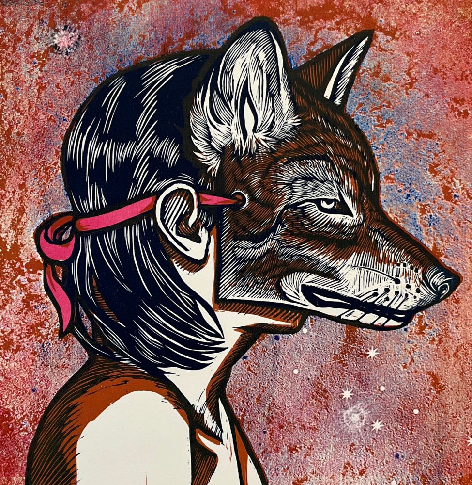 Print of man wearing wolf mask 