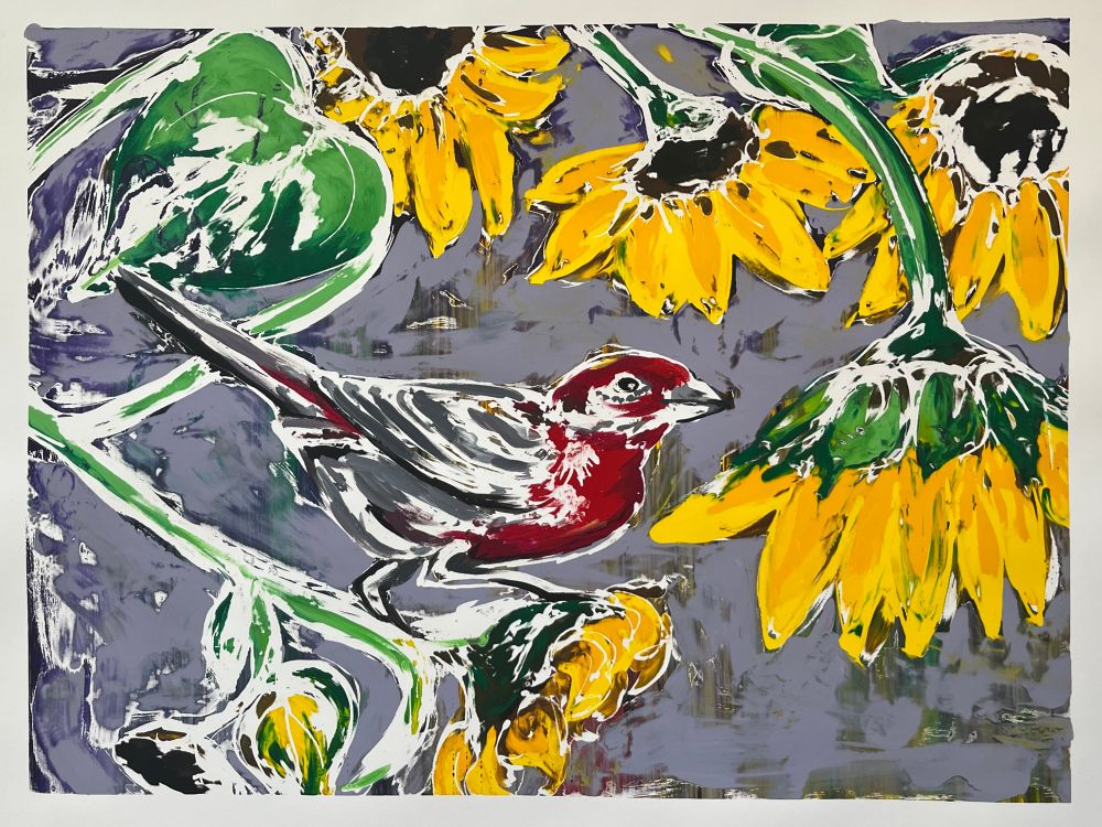Monotype of a red bird sitting on sunflowers on a purple background 