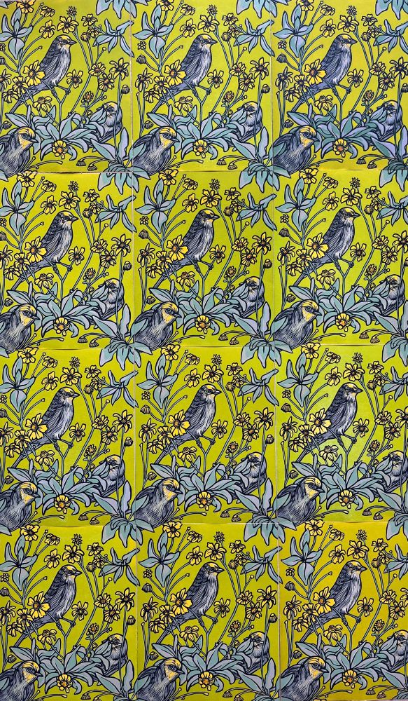Bird and flower pattern on lime green background.