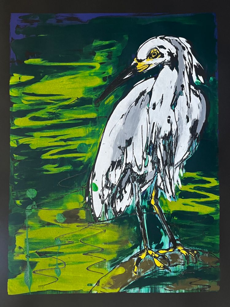 A monotype of a white egret on a green and yellow background 