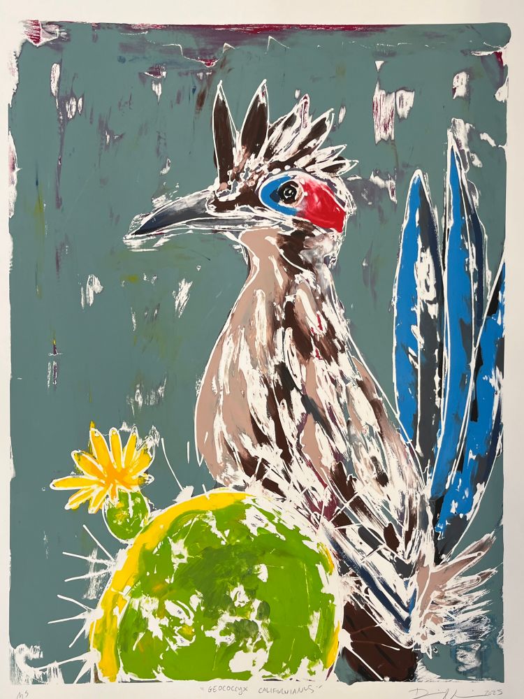Monotype of a roadrunner on a small cactus on a gray green background 