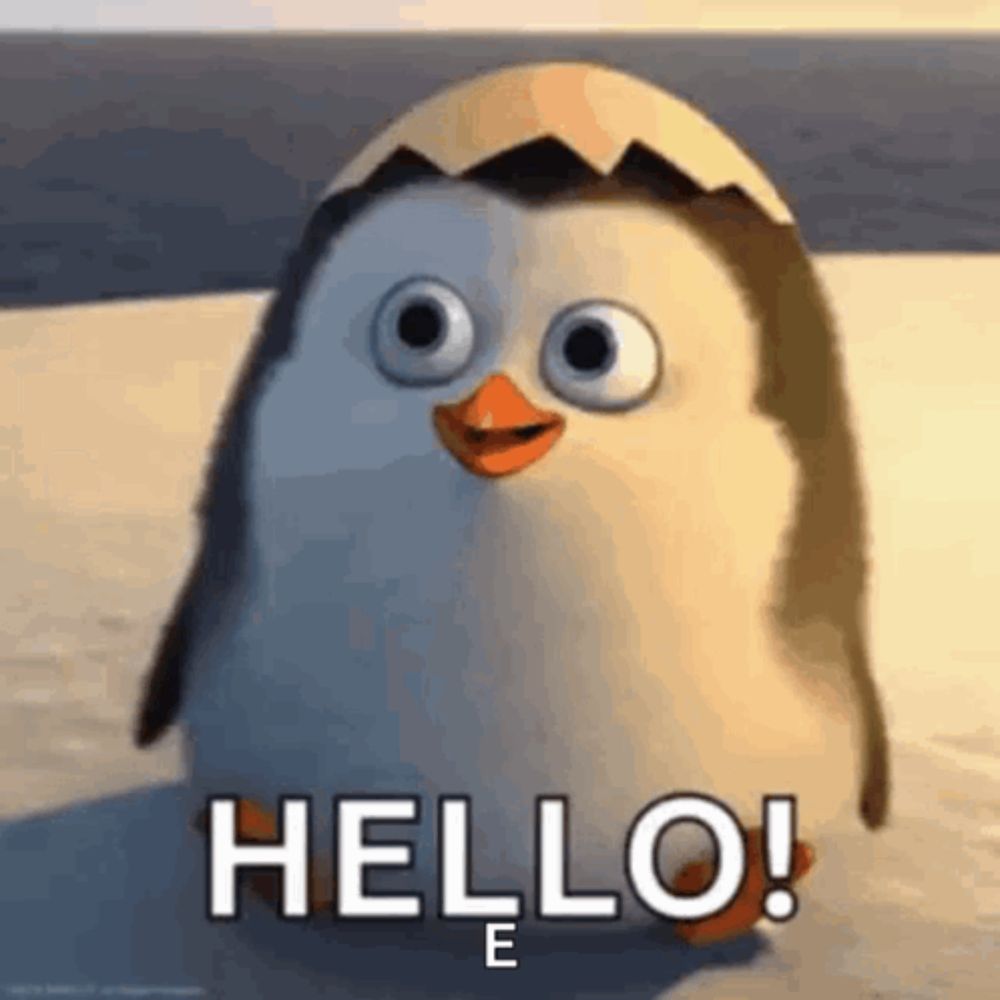 a penguin is standing on top of a sandy beach and saying hello .