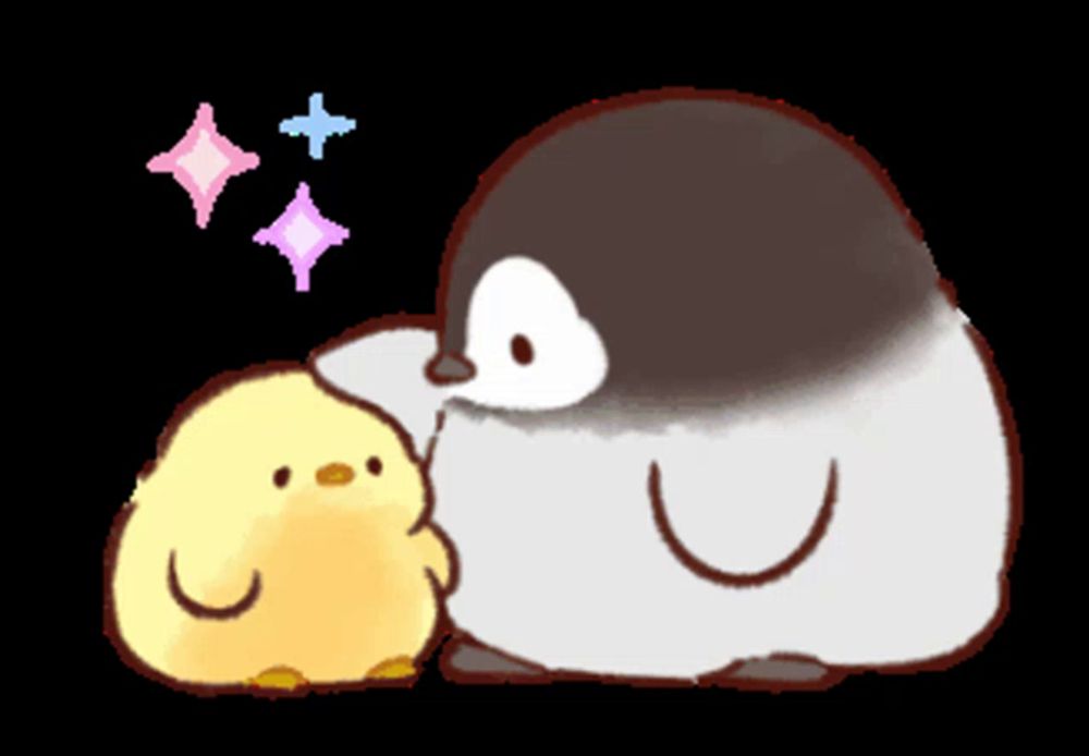 a penguin and a chick are sitting next to each other with sparkles in the background