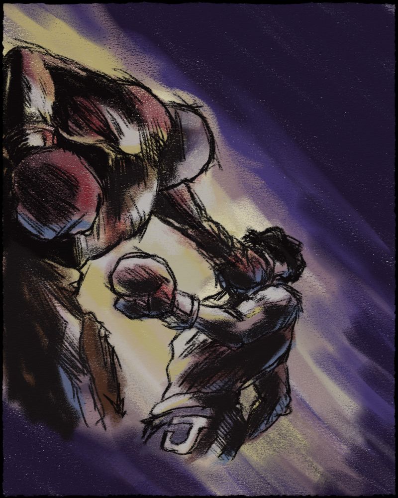 The base painting of a previous poster for the great band Joe Versus, depicting Joe being punched in the face by an opposing boxer. Done in digital oil pastels.
