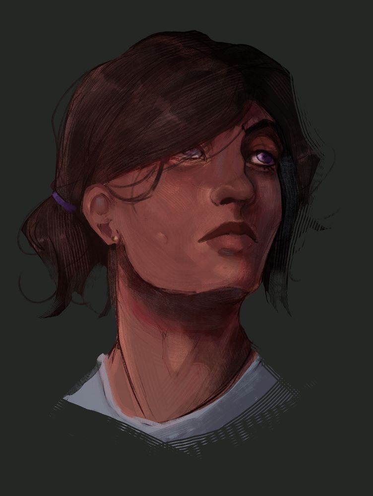 Digital sketch painting done in a rake brush style of a deep-skinned man with dark hair pulled back into a small, messy ponytail. He's staring off into the distance, the viewer looking up at him from below, and frowning.