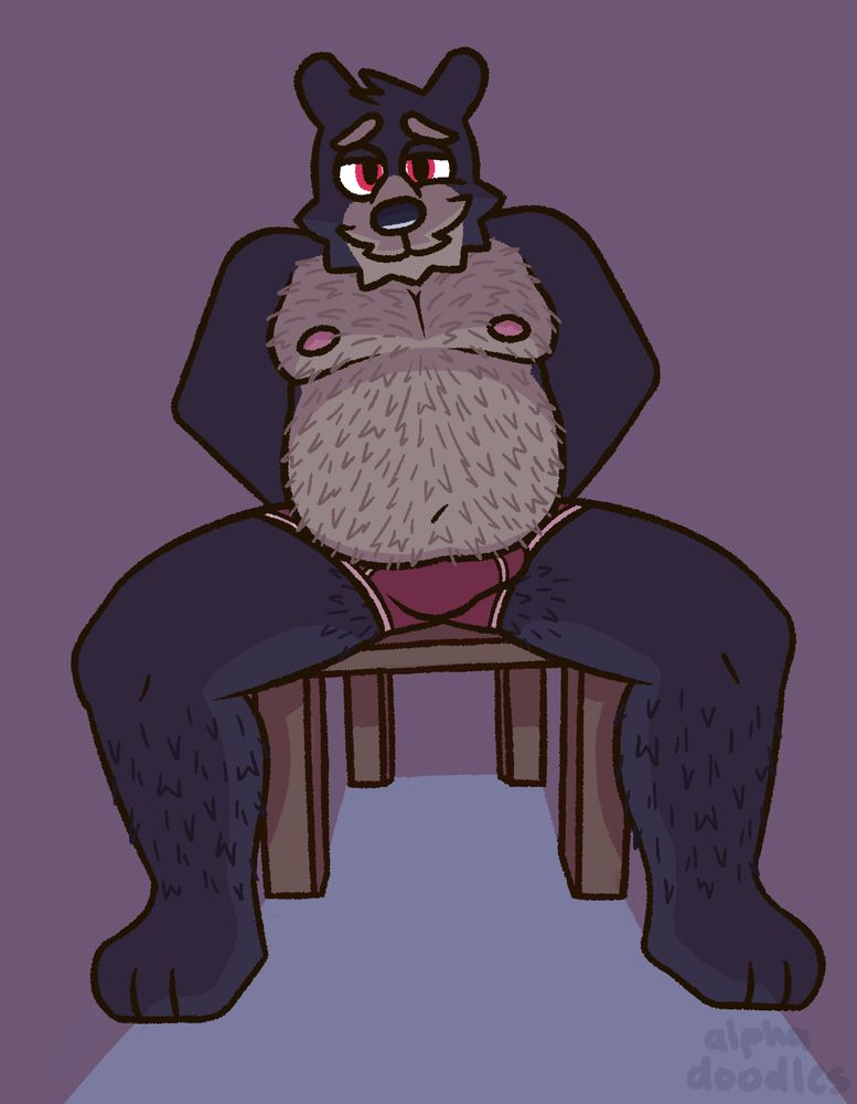 An anthropomorphic black bear sitting on a chair with their hands behind their back while smirking. They are hairy and are only wearing a pair of red underwear.