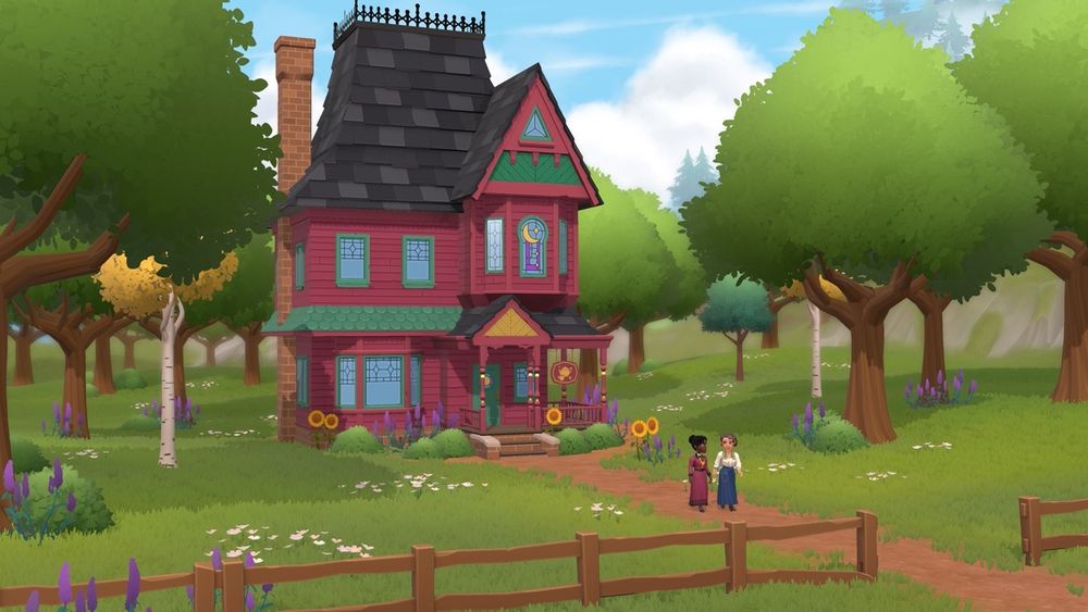 Front and centre is a beautiful multi-level boarding house structure - with dusty red boards, green trims on the windows, a talk light brown brick chimney, a porch, and a special window with stained glass with a half moon and sparkles. This is an early screenshot from a game in development called Wylde Society, a prequel to Wylde Society.

The scene is bright and colourful with fluffy white clouds, in a bright blue sky, full bright green trees with a few yellow leaved tree sprinkled in, surrounded by a soft brown fence.

There are two feminine figures in old fashioned dress walking away from the boarding house talking to each other.