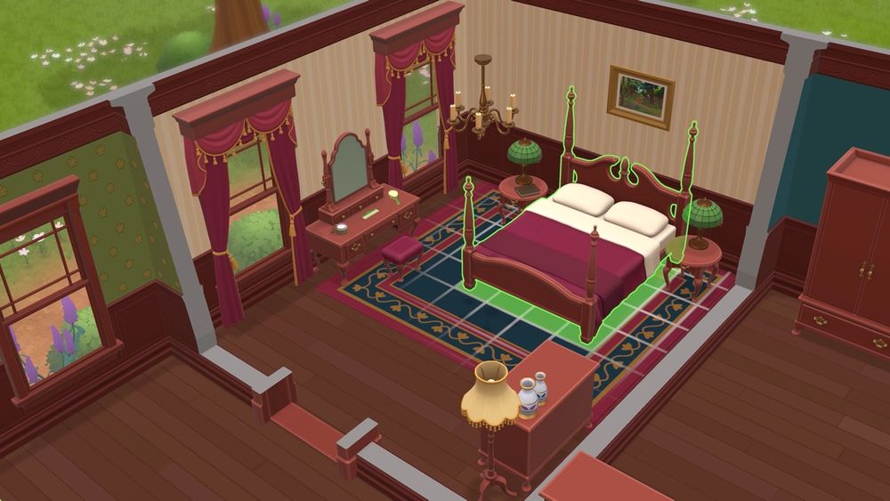 Featuring is a build mode style shot in an Edwardian styled room. There is a grid under a wooden four posted bed, with a green outline to show it is in the safe zone. The furnishing are lush and in warm colours like red, gold, navy and beige. This is an early screenshot from a game in development called Wylde Society, a prequel to Wylde Society.
