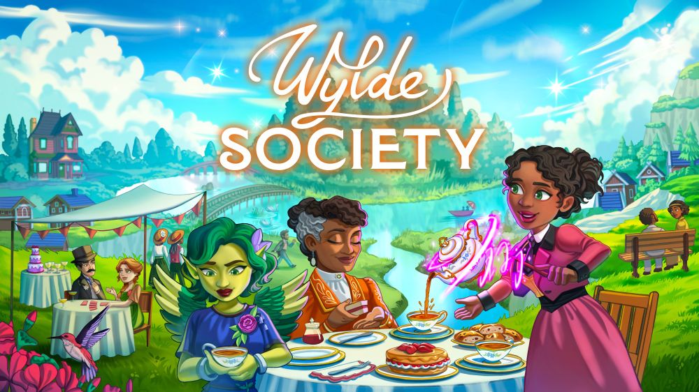 Front and centre is Vivian Wylde magically pouring tea for her guests. The setting is lush and green, with a bright blue sky, and fluffy white clouds. Other figures are in the background - two sitting on a bench, another two with cards at a table, two in a boat on the lake and more. This is the key art for the upcoming title from Studio Drydock called Wylde Society, a prequel to Wylde Flowers.