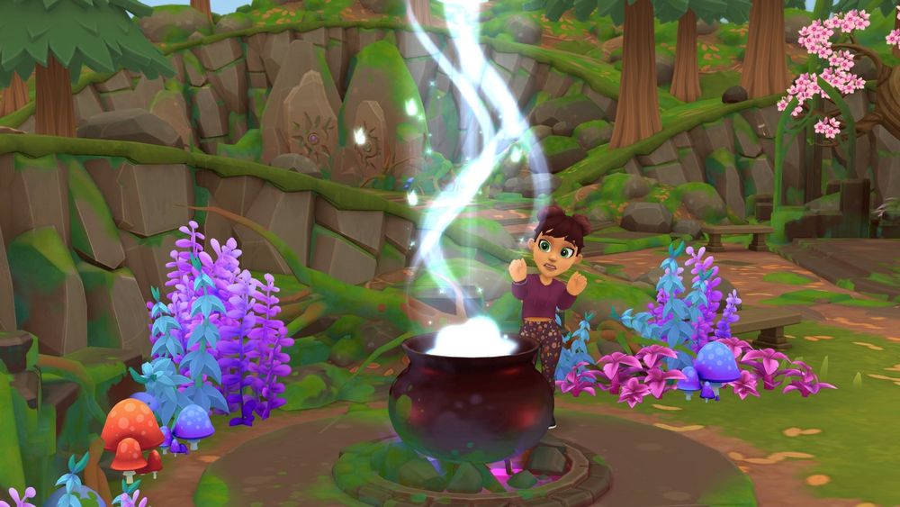 Tara from the game Wylde Flowers wearing plum coloured active wear, looking shocked and a little concerned over a witches cauldron, with a swish of blue magic rising from it's bubbling surface. 