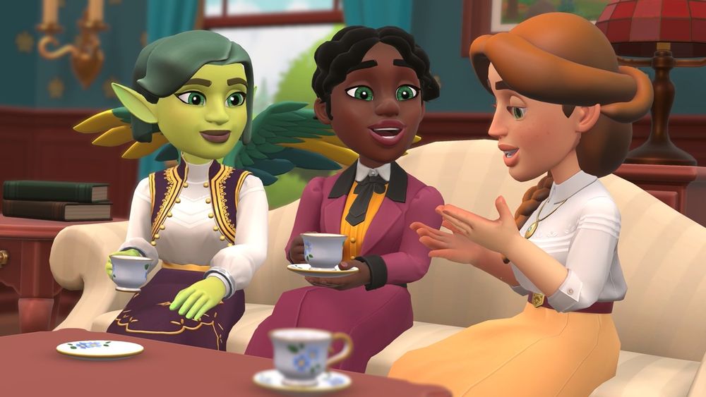 Three women figures are seated on a creamy beige striped couch, in a lush room filled with old fashioned furnishings like golden candles and a red stained glass lamp and a dark green wallpaper. They are chatting, and sitting with blue flowered patterned cups and saucers. This is an early screenshot from a game in development called Wylde Society, a prequel to Wylde Society.