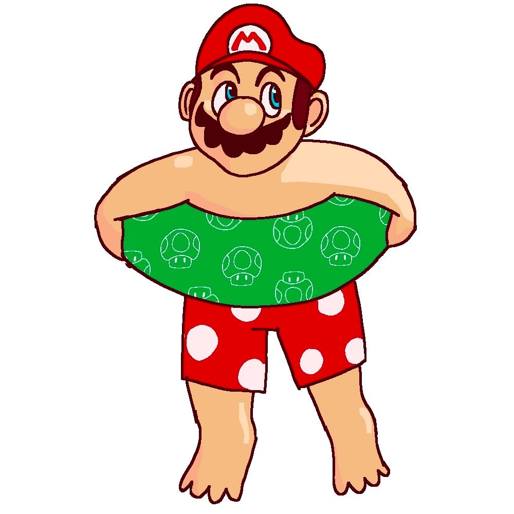 Mario in an inflatable tube with a one-up mushroom pattern. 