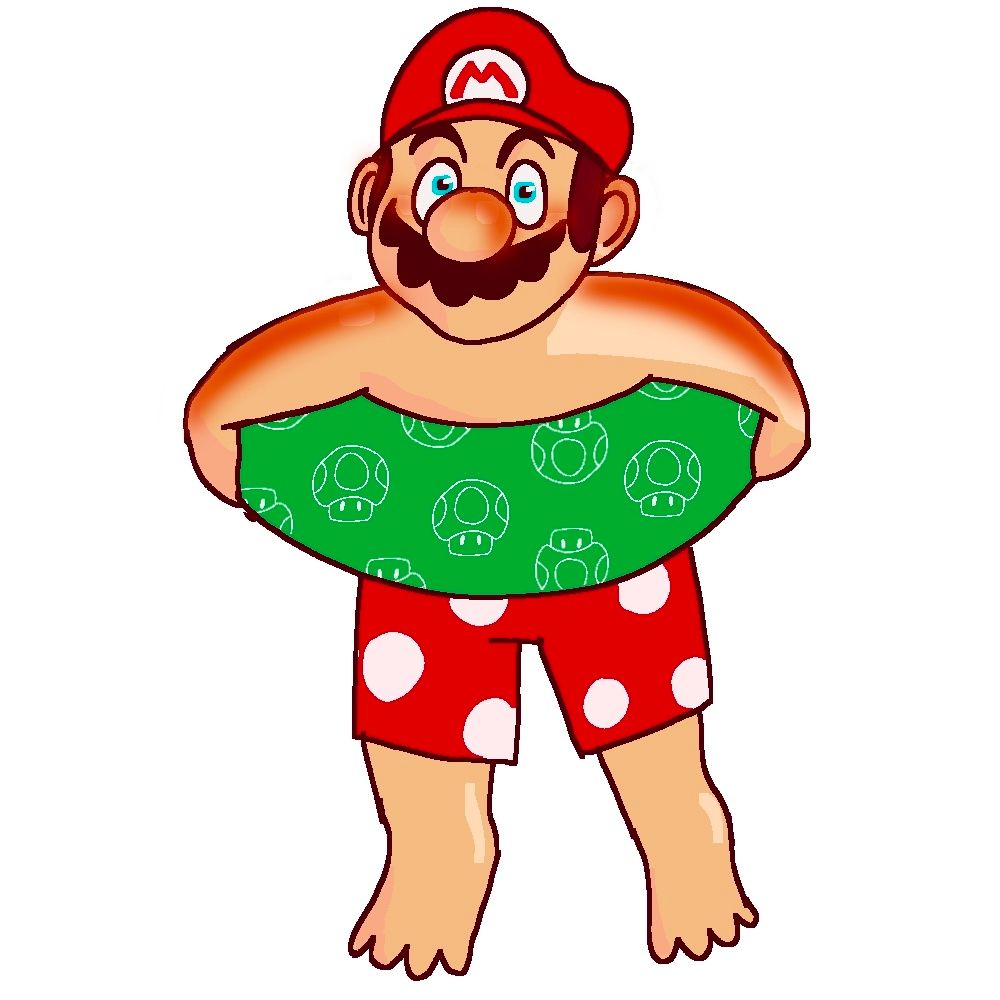 Mario in an inflatable tube with a one-up mushroom pattern. Sunburnt and distressed.