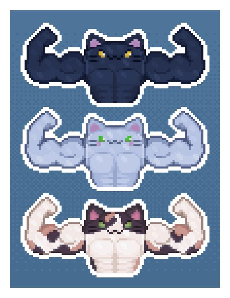 pixel art of 3 cats, with cartoonish buff bodies flexing their muscles - one is black, one is gray and one is a calico