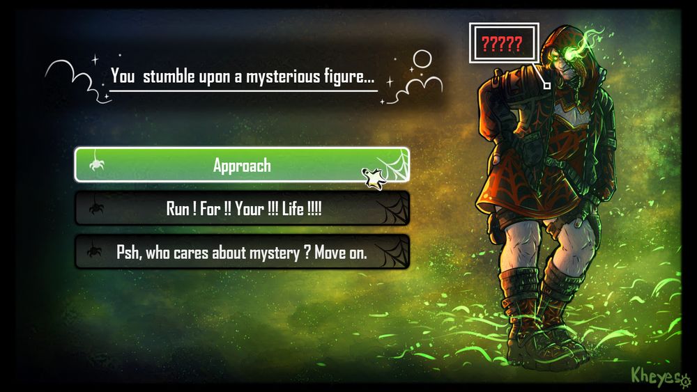 Digital painting showing König (cod) as if you were encountering the character in a spooky themed visual novel game, likely a dating sim. 
He is dressed in an outfit that hints to his og design as well as some of his spooky themed skins (the wolf, arachnid, deep lord) and is a nod to tacticool clothing styles : 
- a latexy mini dress with a crown shaped cutout on the cleavage zone, a spiderweb pattern, and an eye holed hood that can zip all the way up 
- fingerless gloves
- unzipped wide jacket with puffer and camo elements, as well as a crown shaped patch on the arm
- thick mid calf socks
- pouch thigh bands
- combat boots in a cyber fashion style
He is posed somewhat suggestively, with a hand set on a cocked out hip, and the other resting on a knee, looking at the viewer. It's night, and he seems to be lighted by a streetlamp coming from the left, but also by some mysterious green highlights coming from the right. His hood is drawn up and conceals the right side of his face, and the eyehole has a firery, green wispy effect coming from it. His slick and dark clothing contrasts his pale and hairy skin. 
The overall mock interface is styled in a mix between mw2 and spooky cute games.

The first picture is a wide shot of the character, labeled ????? and reads : You stumble upon a mysterious figure; to which there are 3 choices of reaction : 
- Approach 
- Run ! For !! Your !!! Life !!!! 
- Psh, who cares about mystery ? Move on. 
It is assumed the viewer chooses approach - the choice is highlighted and a cursor made of an upside down wolf head is hovering over it. 